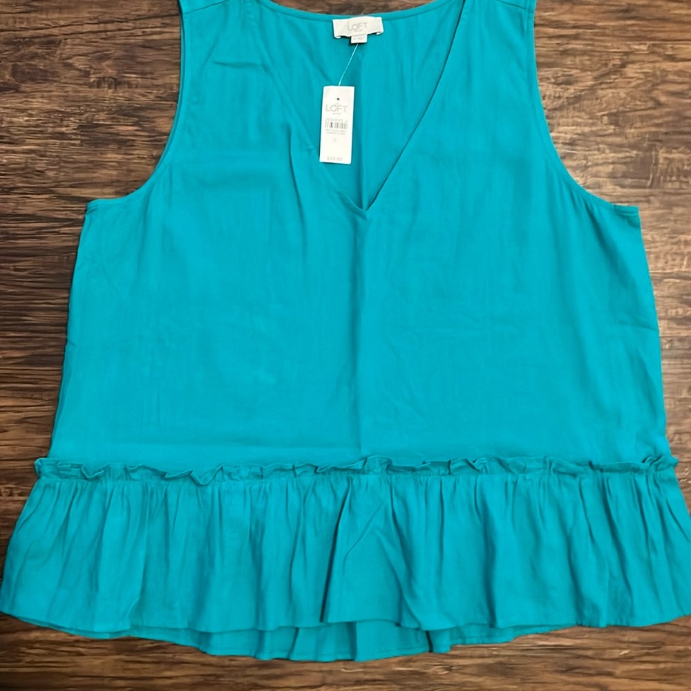 NWT LOFT Women’s Linen Blend Turquoise Sleeveless Ruffle Blouse Size Large